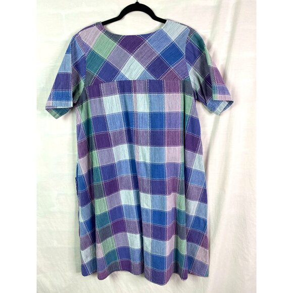 Roamans Vintage Blue and Purple Plaid Pearl Snap Front Dress Med - Picture 2 of 5
